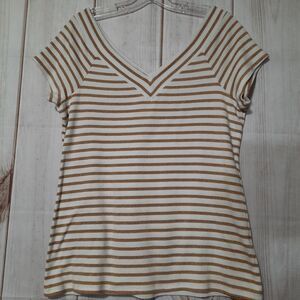 Westport 1962 Shirt Ladies Large Gold Striped Metallic V‎ Neck Short Sleeve